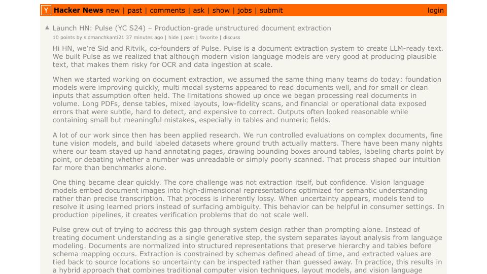 Screenshot of Hacker News post: Launch HN: Pulse (YC S24) – Production-grade unstructured document extraction