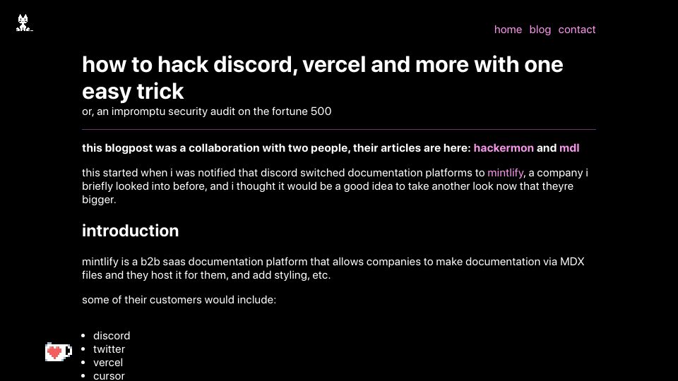 Screenshot of kibty.town: How to hack Discord, Vercel and more with one easy trick