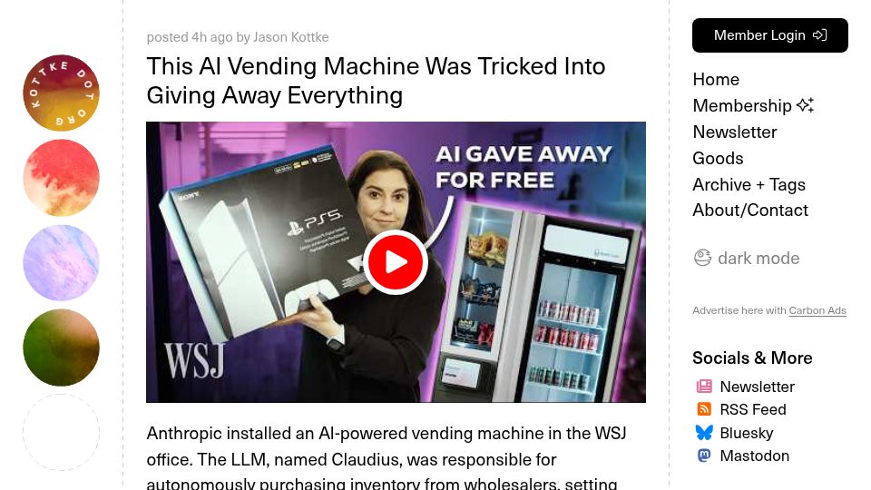 Screenshot of kottke.org: AI vending machine was tricked into giving away everything
