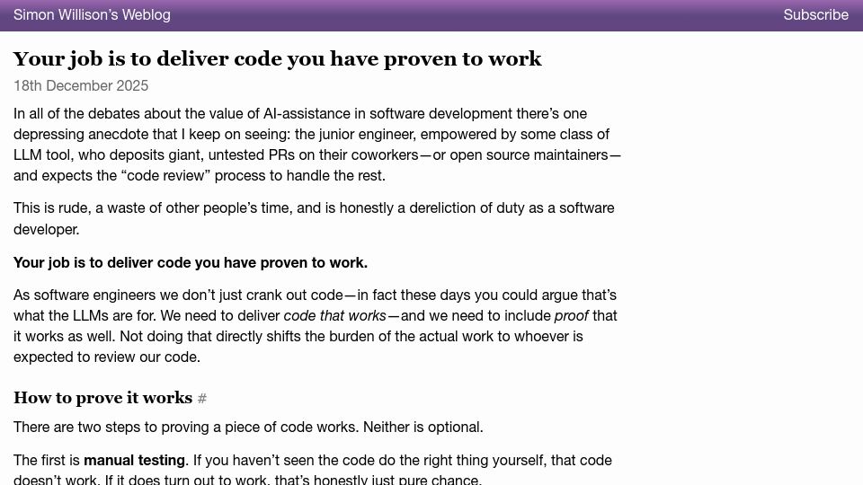 Screenshot of simonwillison.net: Your job is to deliver code you have proven to work