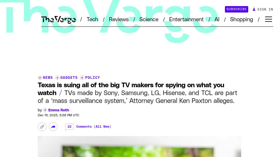 Screenshot of theverge.com: Texas is suing all of the big TV makers for spying on what you watch