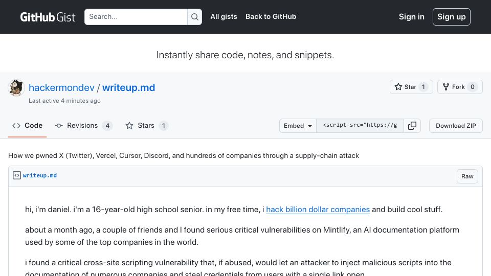 Screenshot of gist.github.com: We pwned X, Vercel, Cursor, and Discord through a supply-chain attack