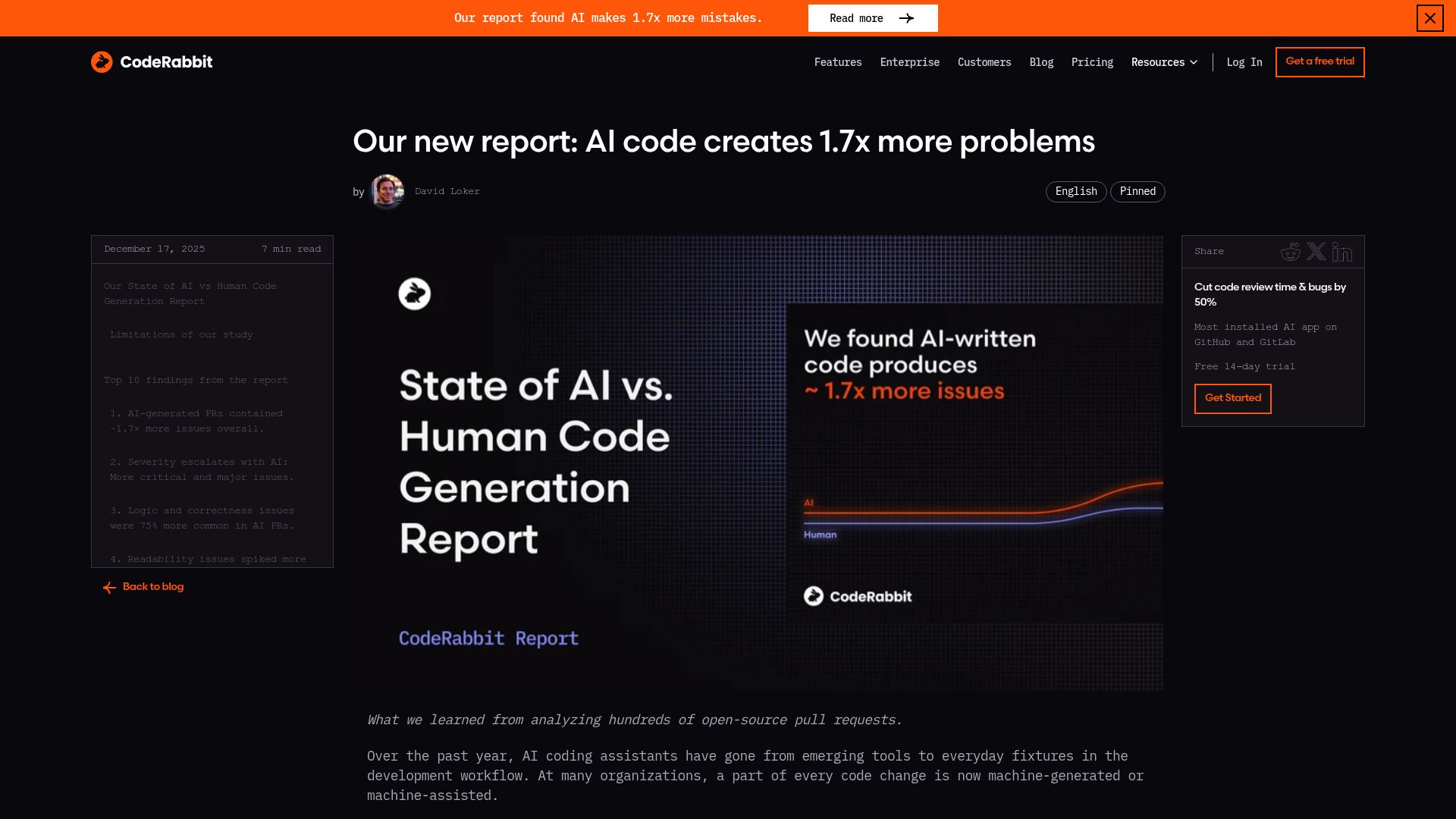 Screenshot of coderabbit.ai: AI helps ship faster but it produces 1.7× more bugs