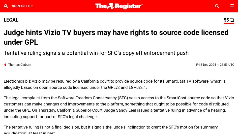 Screenshot of theregister.com: Judge hints Vizio TV buyers may have rights to source code licensed under GPL