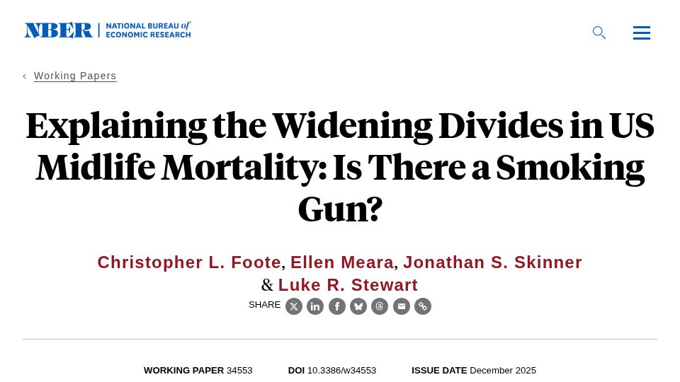 Screenshot of nber.org: Explaining the Widening Divides in US Midlife Mortality: Is There a Smoking Gun?
