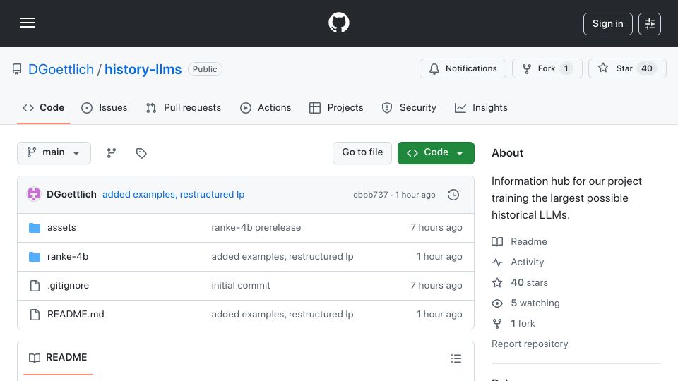 Screenshot of github.com: History LLMs: Models trained exclusively on pre-1913 texts