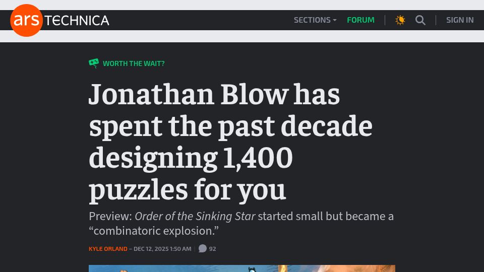 Screenshot of arstechnica.com: Jonathan Blow has spent the past decade designing 1,400 puzzles