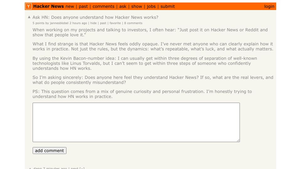 Screenshot of Hacker News post: Ask HN: Does anyone understand how Hacker News works?