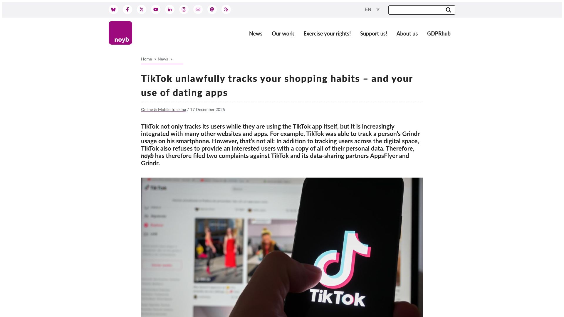 Screenshot of noyb.eu: TikTok unlawfully tracks shopping habits and use of dating apps?