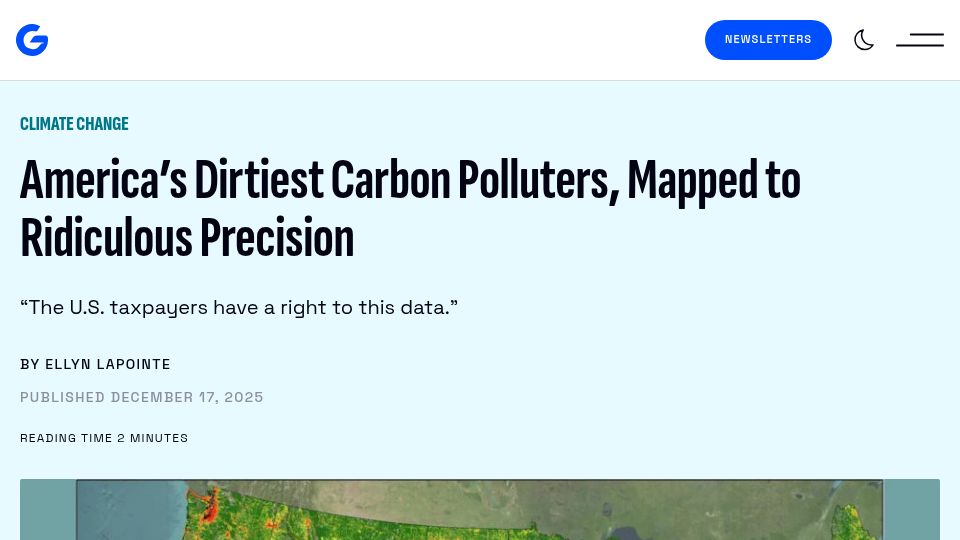 Screenshot of gizmodo.com: America's Dirtiest Carbon Polluters, Mapped to Ridiculous Precision