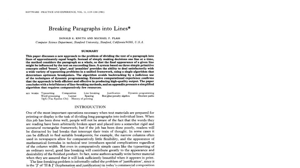 Screenshot of gwern.net: Breaking Paragraphs into Lines [pdf] (1981)