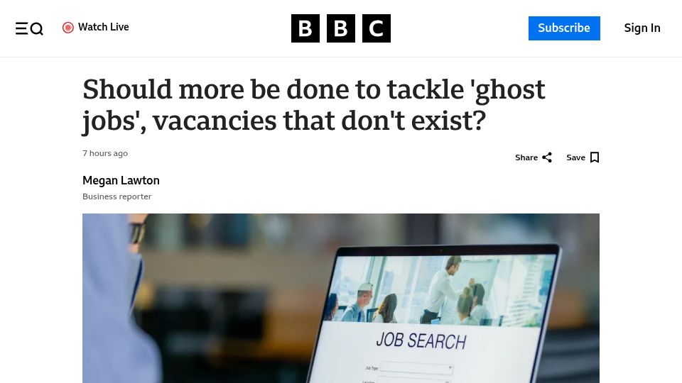 Screenshot of bbc.com: 'Ghost jobs' are on the rise – and so are calls to ban them