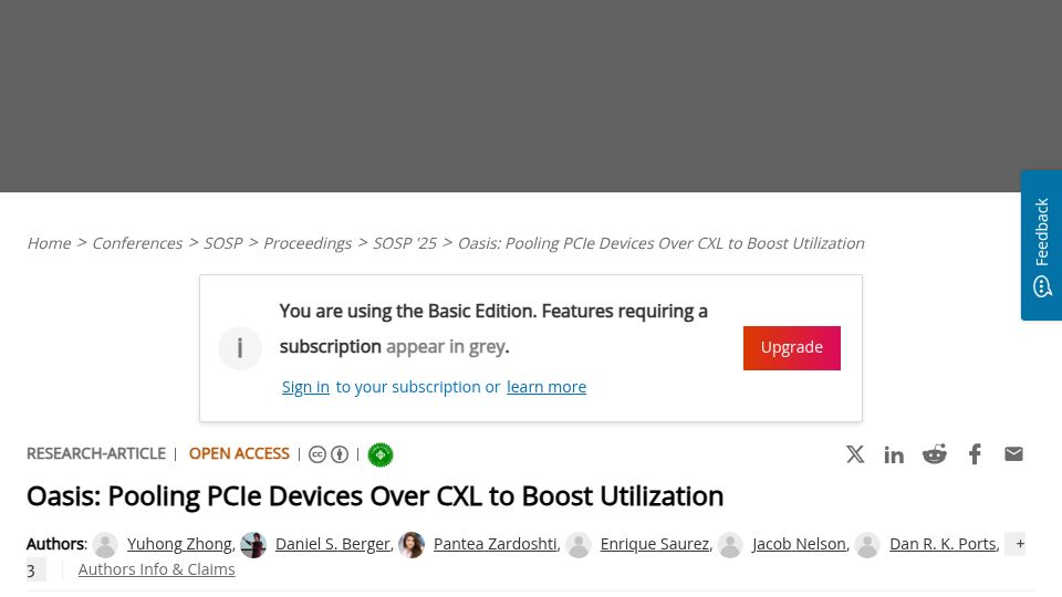 Screenshot of dl.acm.org: Oasis: Pooling PCIe Devices over CXL to Boost Utilization