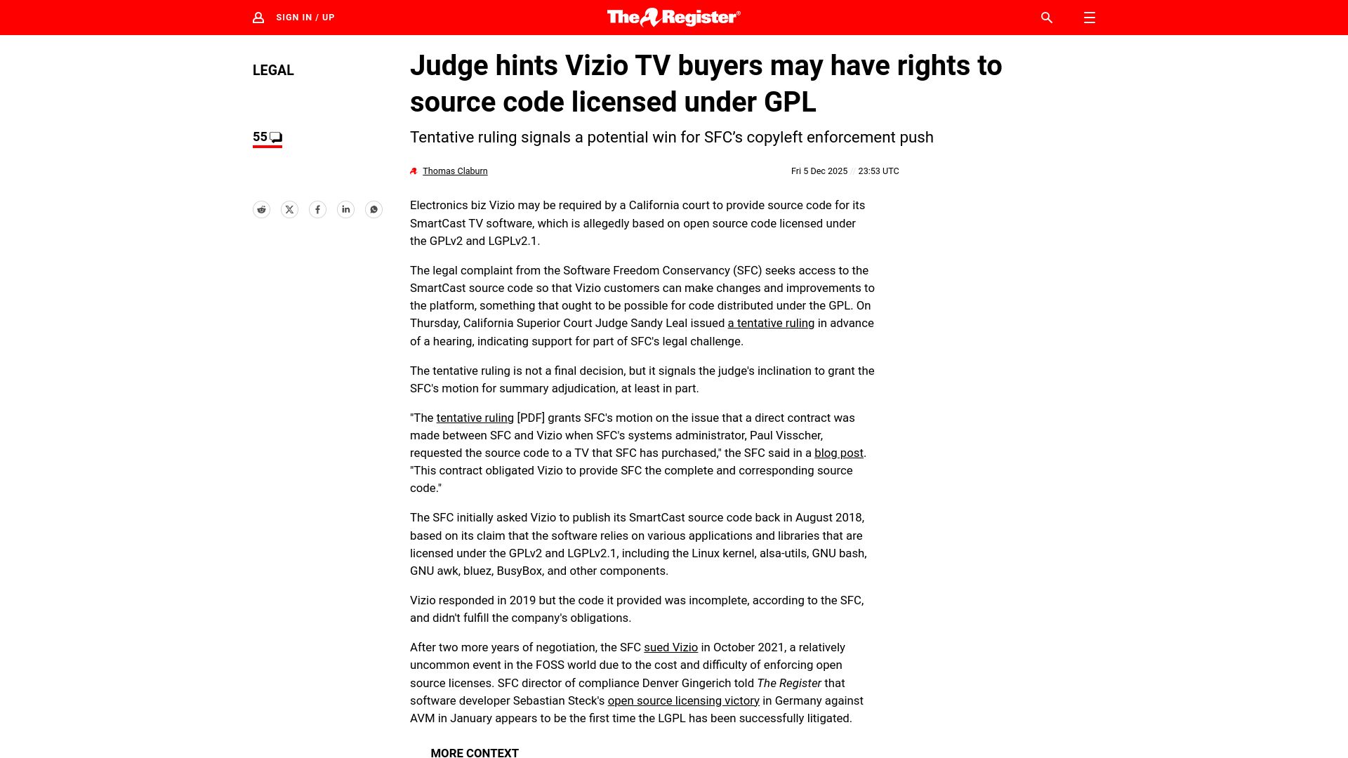 Screenshot of theregister.com: Judge hints Vizio TV buyers may have rights to source code licensed under GPL