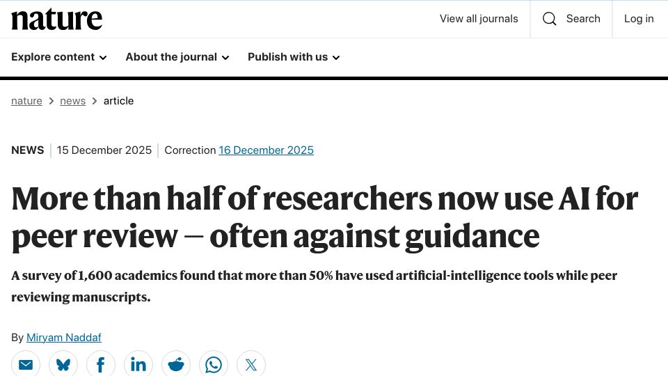 Screenshot of nature.com: More than half of researchers now use AI for peer review, often against guidance