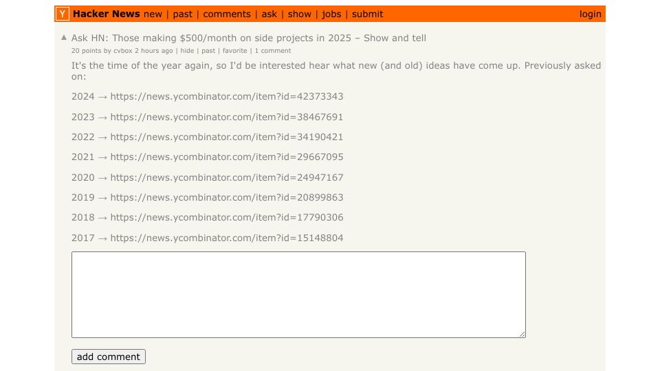 Screenshot of Hacker News post: Ask HN: Those making $500/month on side projects in 2025 – Show and tell