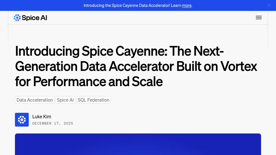 Screenshot of spice.ai: Show HN: Spice Cayenne – SQL acceleration built on Vortex