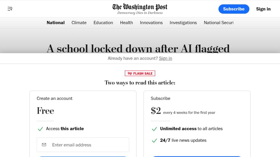 Screenshot of washingtonpost.com: A school locked down after AI flagged a gun. It was a clarinet