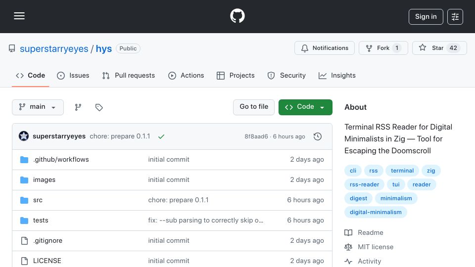 Screenshot of github.com: Show HN: I built a fast RSS reader in Zig
