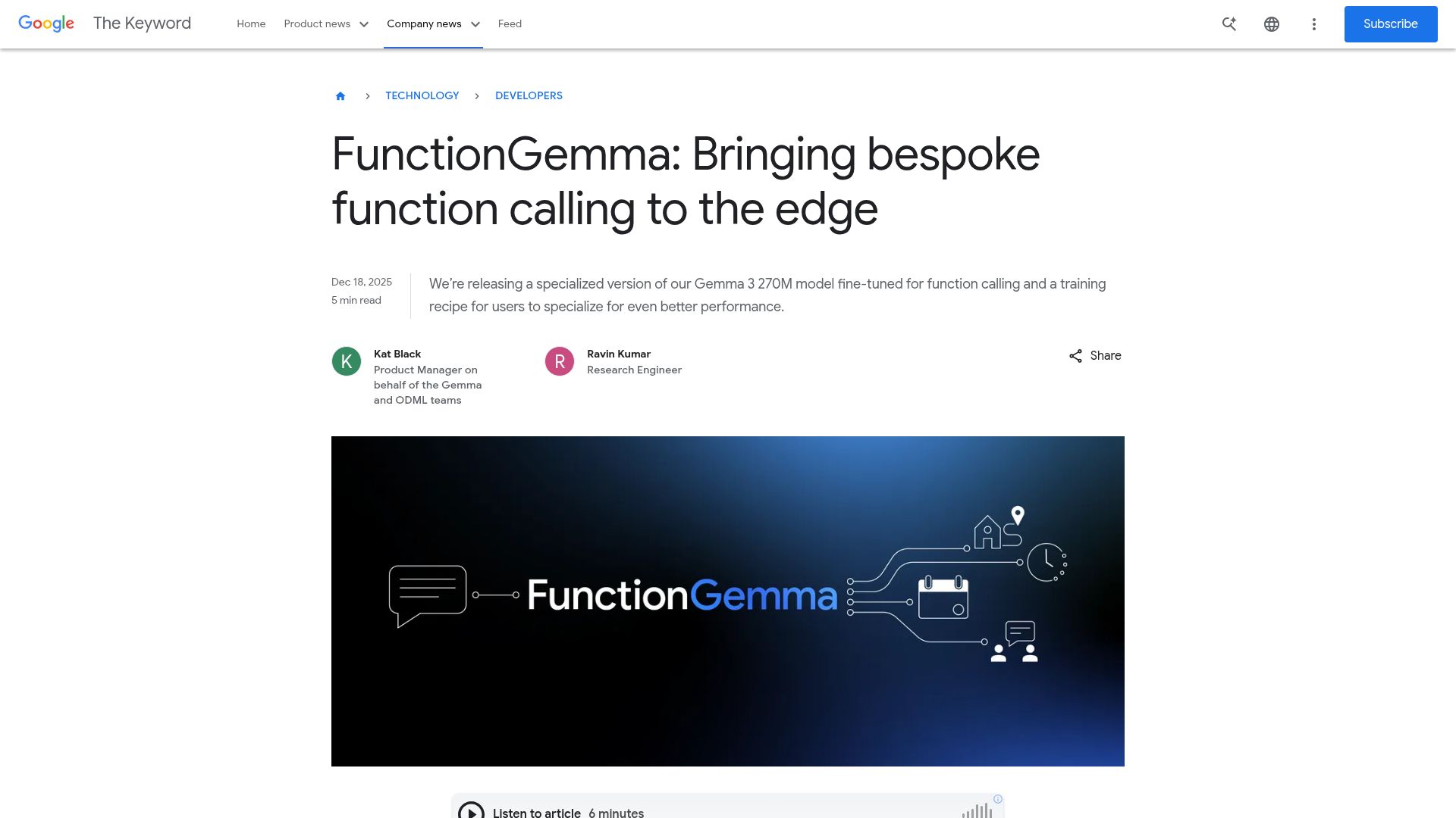 Screenshot of blog.google: FunctionGemma 270M Model