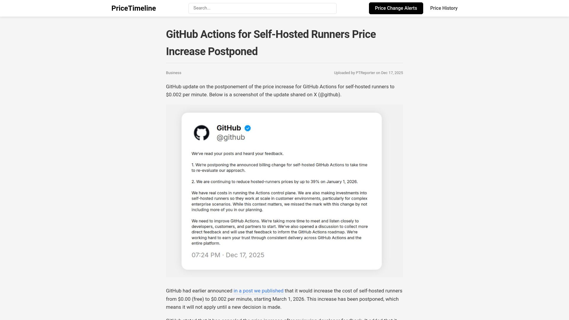 Screenshot of pricetimeline.com: GitHub Actions for self-hosted runners price increase postponed