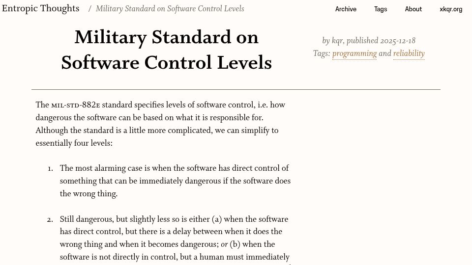 Screenshot of entropicthoughts.com: Military standard on software control levels