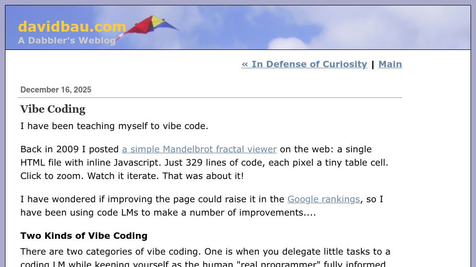 Screenshot of davidbau.com: Two kinds of vibe coding