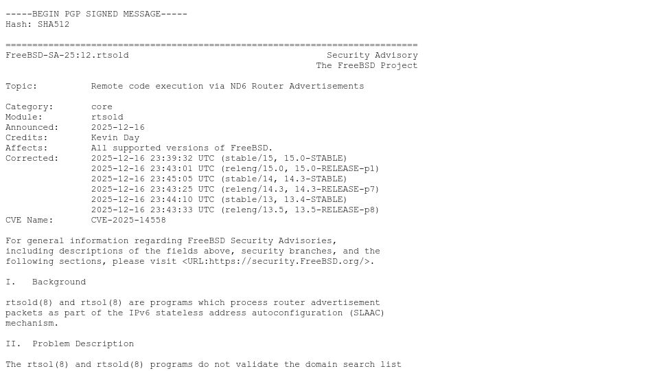 Screenshot of freebsd.org: RCE via ND6 Router Advertisements in FreeBSD
