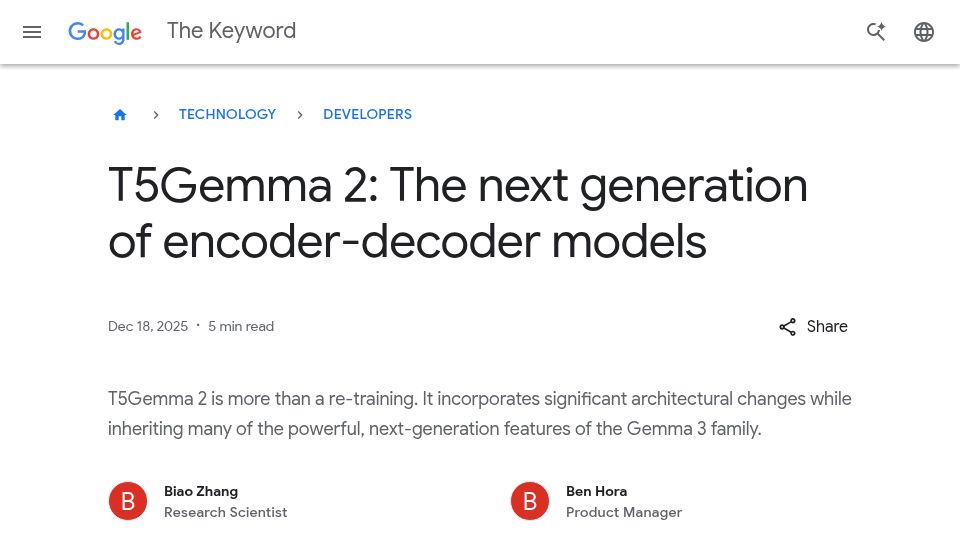 Screenshot of blog.google: T5Gemma 2: The next generation of encoder-decoder models