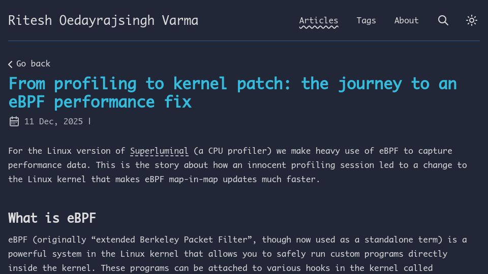 Screenshot of rovarma.com: From profiling to kernel patch: the journey to an eBPF performance fix
