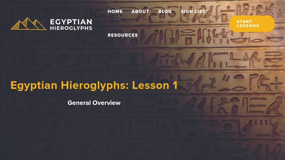 Screenshot of egyptianhieroglyphs.net: Egyptian Hieroglyphs: Lesson 1
