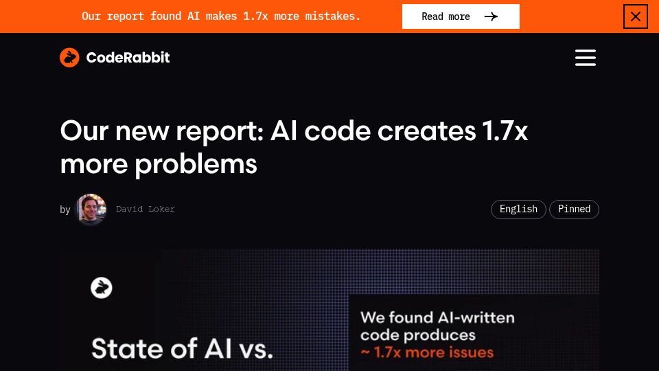 Screenshot of coderabbit.ai: AI helps ship faster but it produces 1.7× more bugs