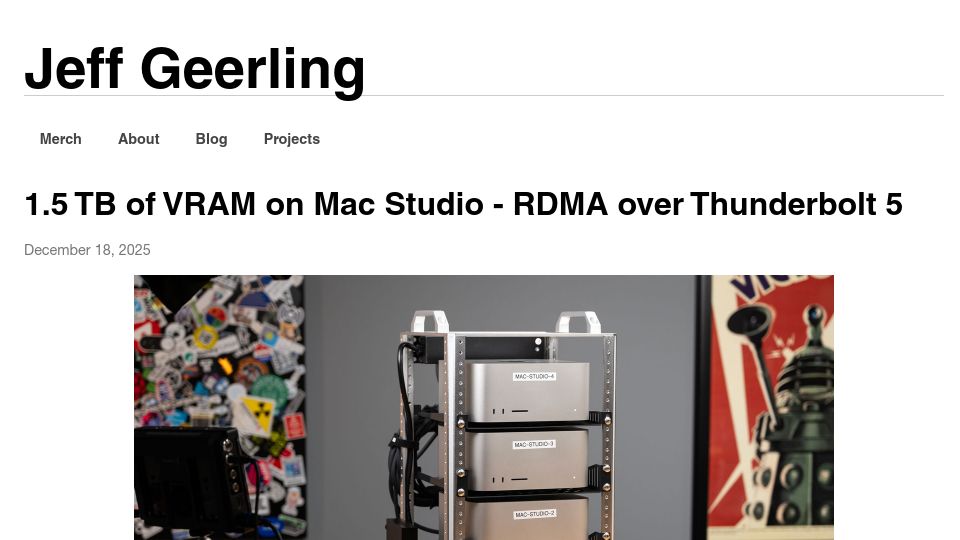 Screenshot of jeffgeerling.com: 1.5 TB of VRAM on Mac Studio – RDMA over Thunderbolt 5