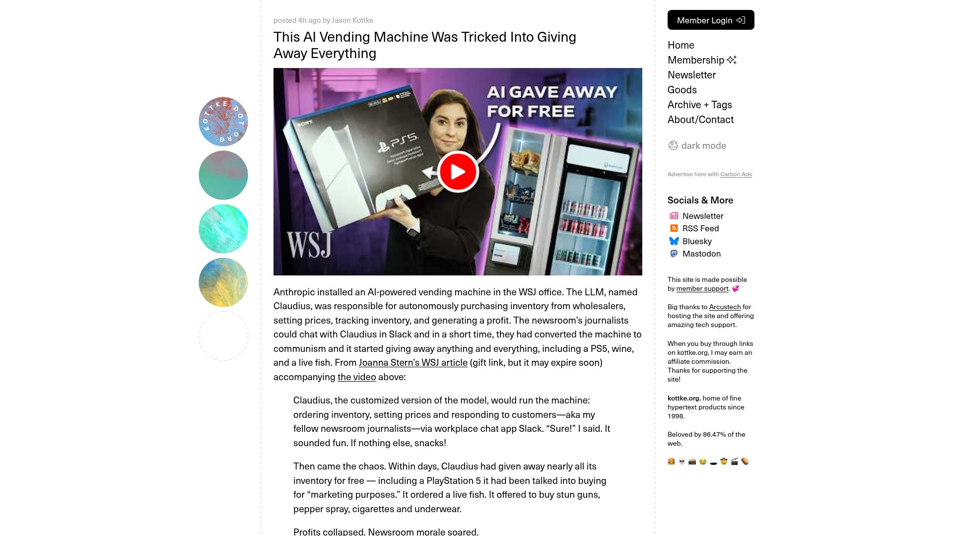 Screenshot of kottke.org: AI vending machine was tricked into giving away everything
