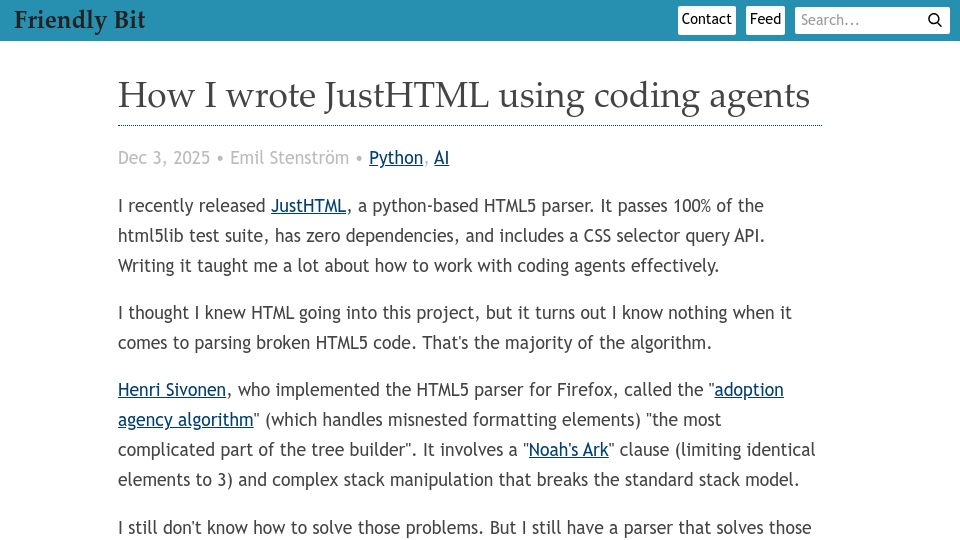 Screenshot of friendlybit.com: How I wrote JustHTML, a Python-based HTML5 parser, using coding agents