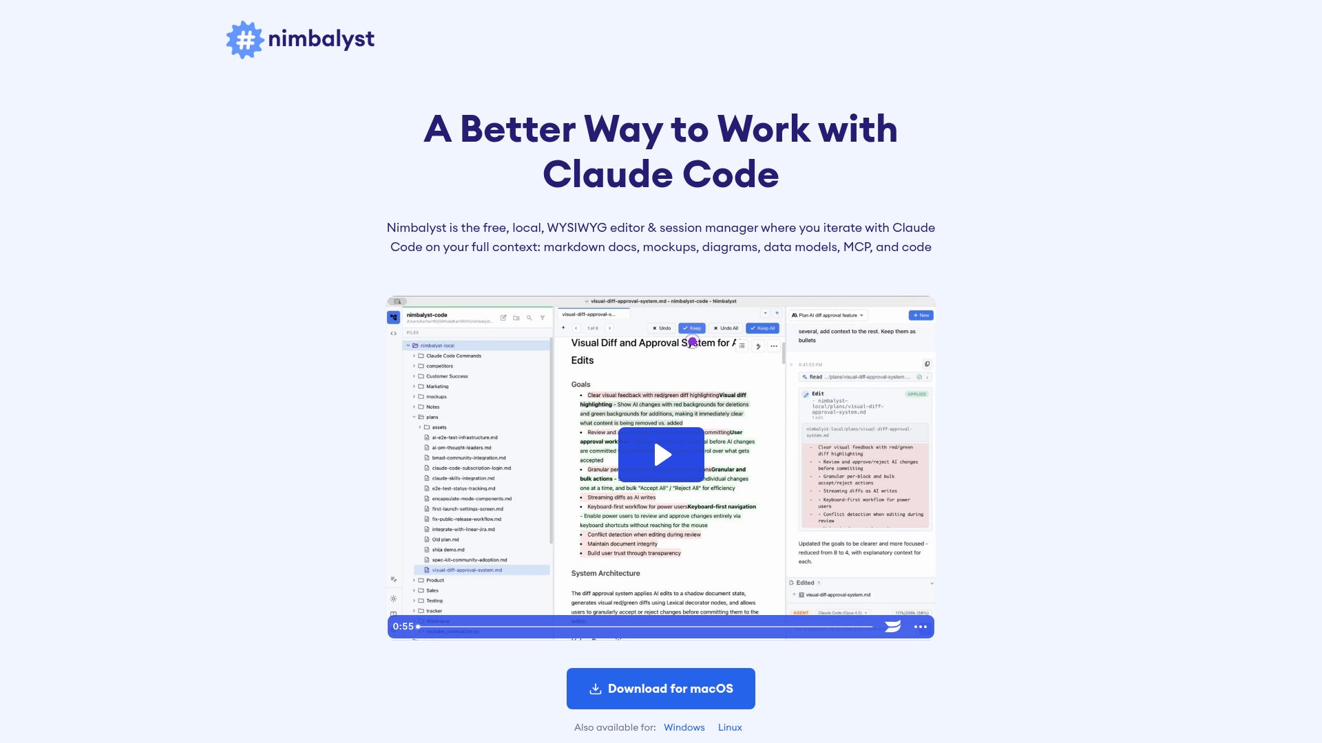 Screenshot of nimbalyst.com: Local WYSIWYG Markdown, mockup, data model editor powered by Claude Code