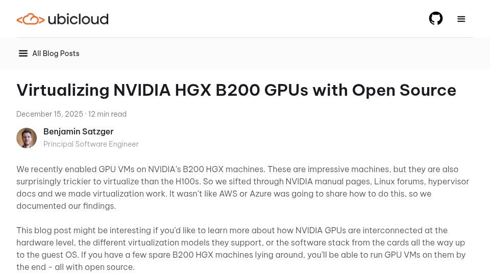Screenshot of ubicloud.com: Virtualizing Nvidia HGX B200 GPUs with Open Source