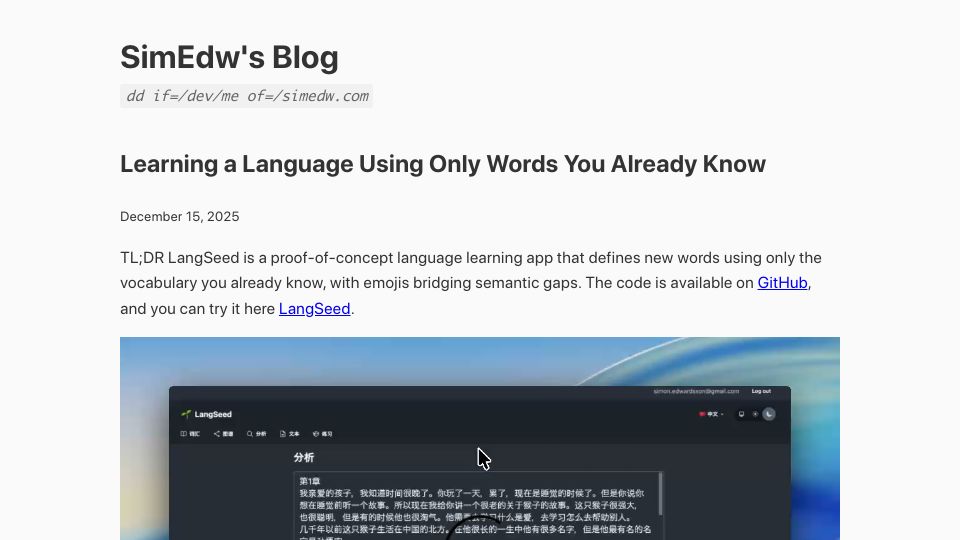 Screenshot of simedw.com: Show HN: Learning a Language Using Only Words You Know