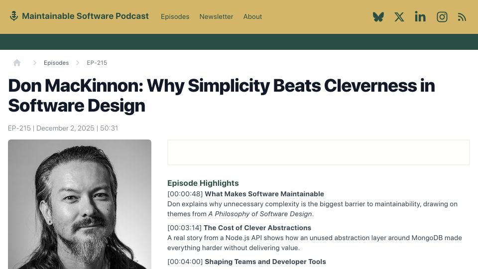 Screenshot of maintainable.fm: Don MacKinnon: Why Simplicity Beats Cleverness in Software Design [audio]