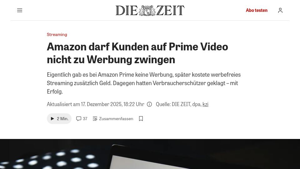 Screenshot of zeit.de: Germany: Amazon is not allowed to force customers to watch ads on Prime Video