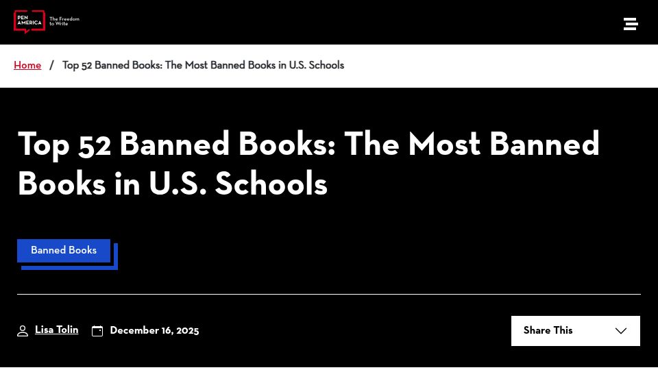 Screenshot of pen.org: The most banned books in U.S. schools