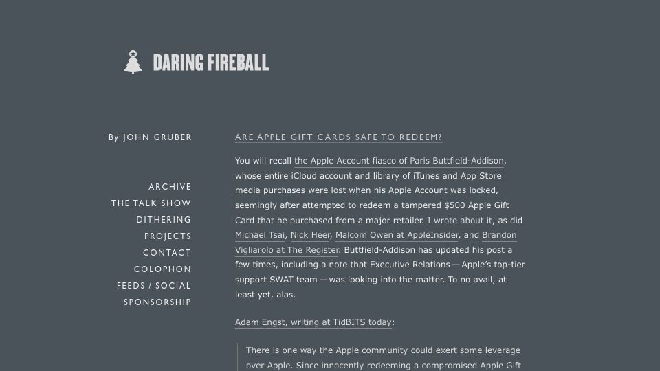 Screenshot of daringfireball.net: Are Apple gift cards safe to redeem?