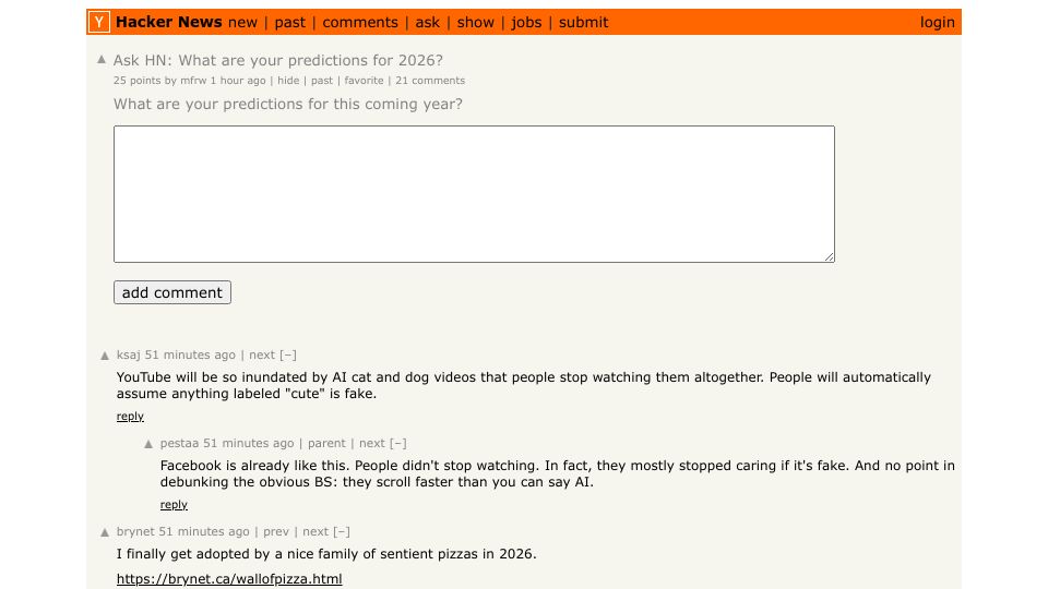 Screenshot of Hacker News post: Ask HN: What are your predictions for 2026?