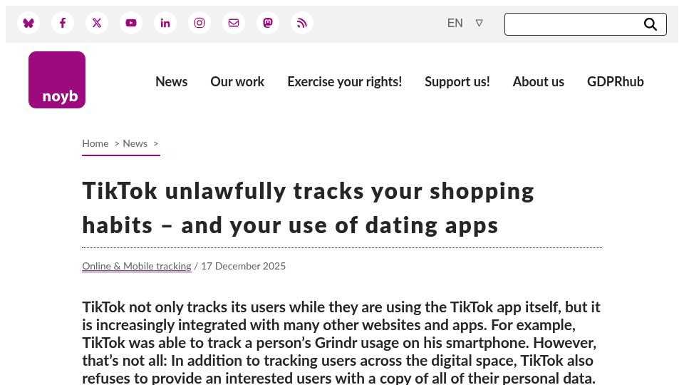 Screenshot of noyb.eu: TikTok unlawfully tracks shopping habits and use of dating apps?