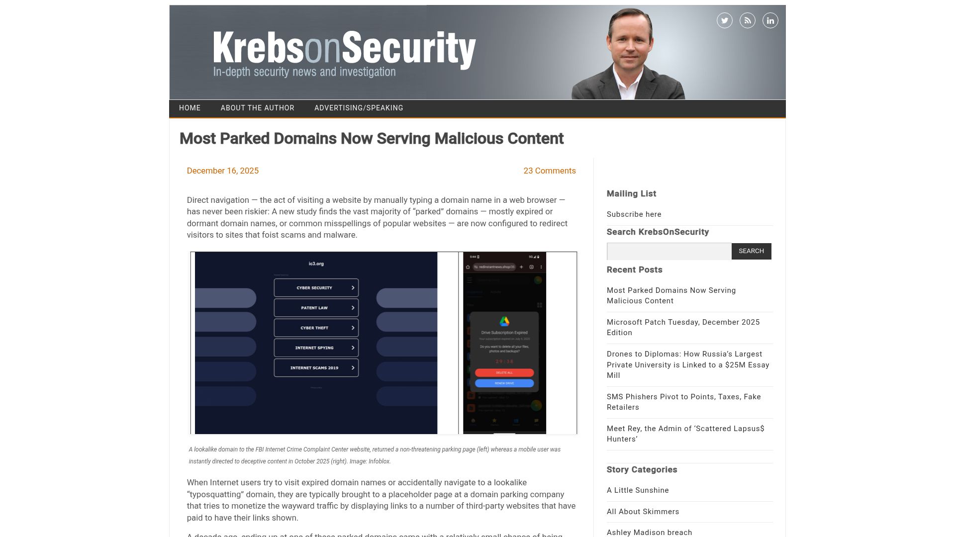Screenshot of krebsonsecurity.com: Most parked domains now serving malicious content