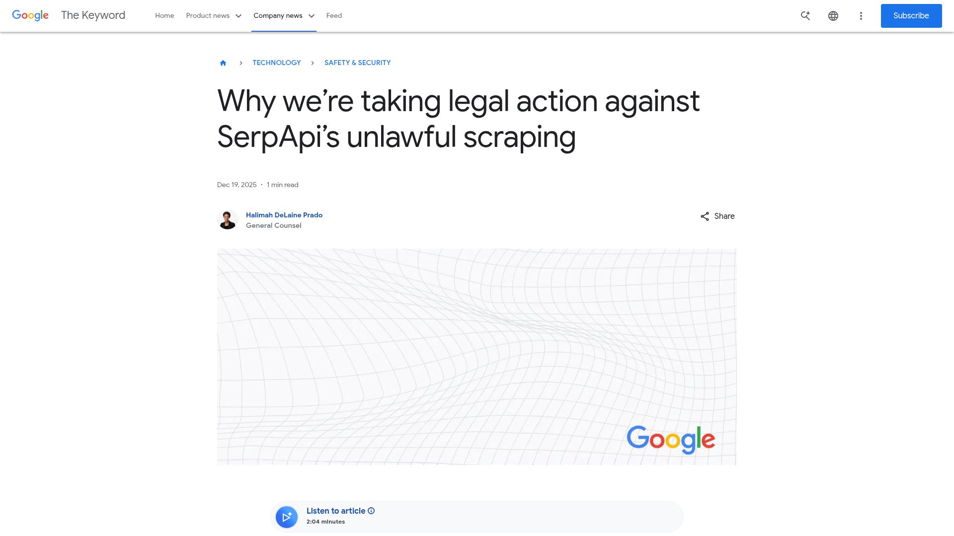 Screenshot of blog.google: Why we're taking legal action against SerpApi's unlawful scraping