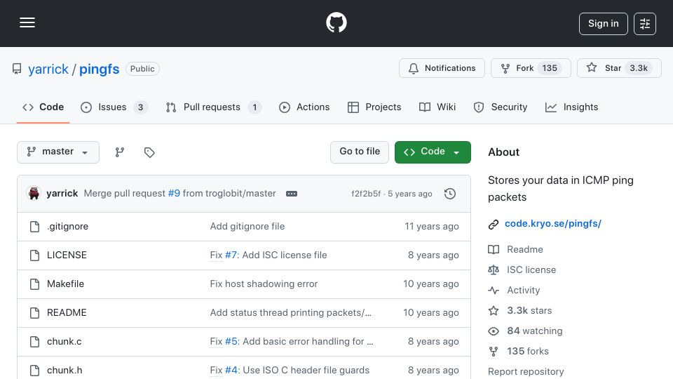 Screenshot of github.com: Pingfs: Stores your data in ICMP ping packets (2020)