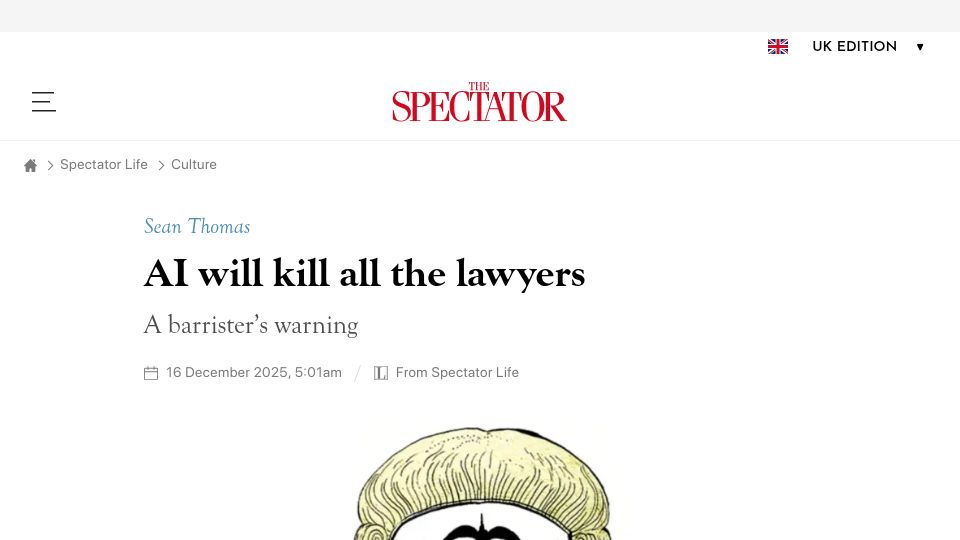 Screenshot of spectator.com: AI will kill all the lawyers