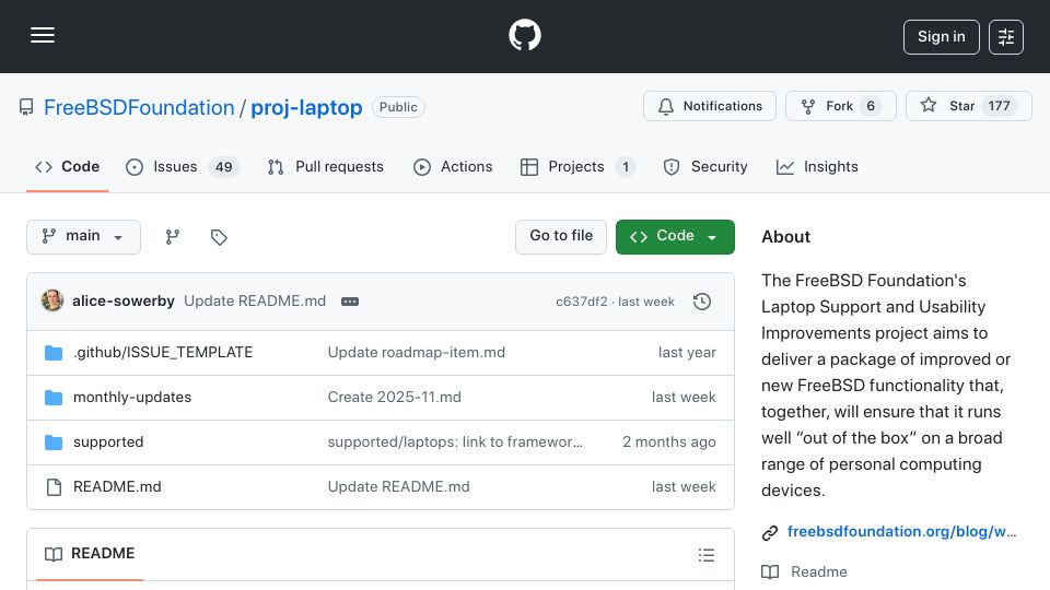 Screenshot of github.com: The FreeBSD Foundation's Laptop Support and Usability Project