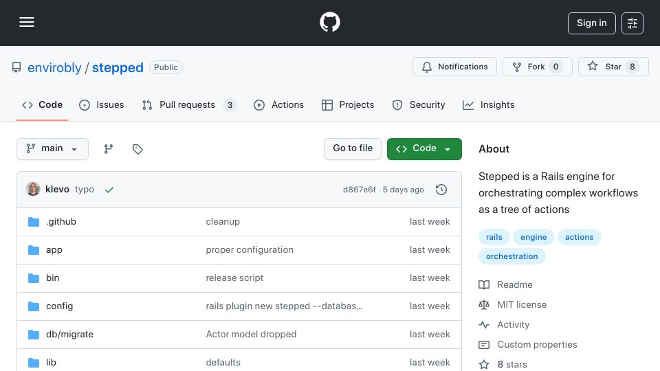 Screenshot of github.com: Show HN: Stepped Actions – distributed workflow orchestration for Rails